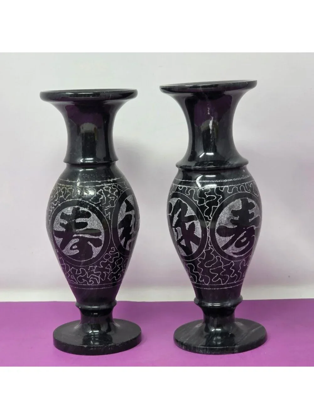 2 Oriental Black Marble Engraved Vases Intricate Designs Decorative Collectibles